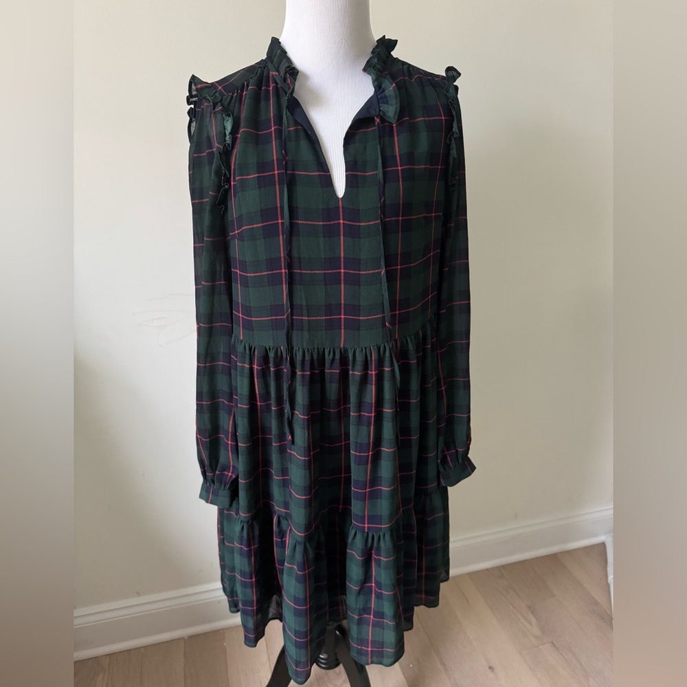 J. Crew Long Sleeve Plaid Dress in Black and Green